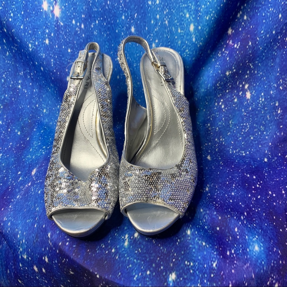 Tahari- Silver Sequin Sling Back Heels size 8.5